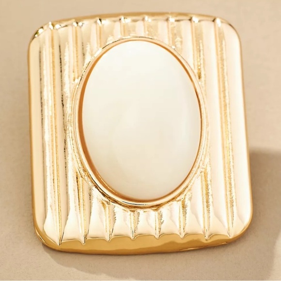 Anthropologie Ribbed Square Stone Earrings Gold and Cream - Picture 2 of 2